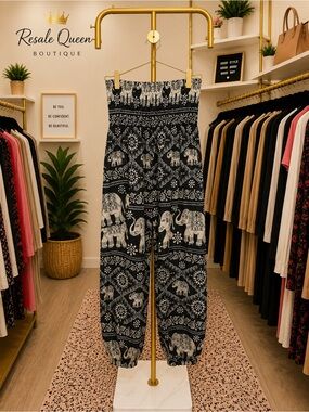 Black & White Elephant Print Wide-Leg Pants With Wide Elastic Band